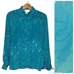 Vintage 80s 90s Teal Professional Blouse, Silky Shimmery Blouse, Long Sleeve -12